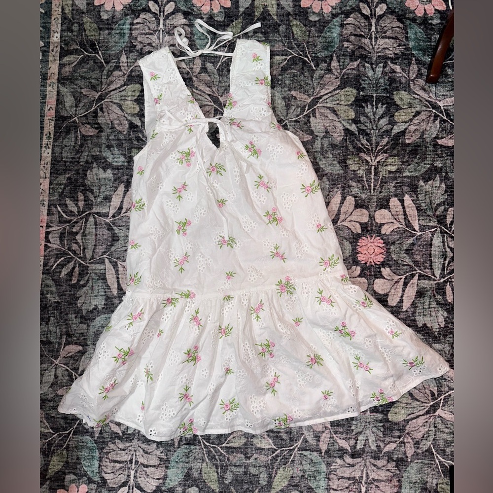 Olivaceous White Dress with Pink Floral Details